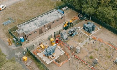 An aerial image of the newly-installed pair of electricity transformers in Chertsey